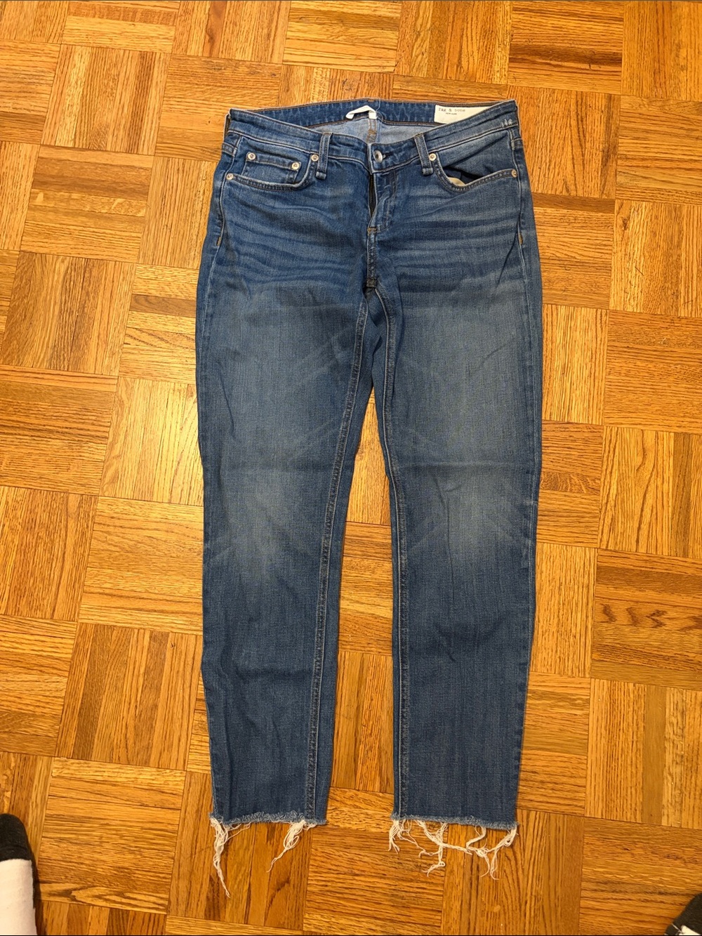 rag & bone Blue Cropped Ankle Jeans with Frayed Hem